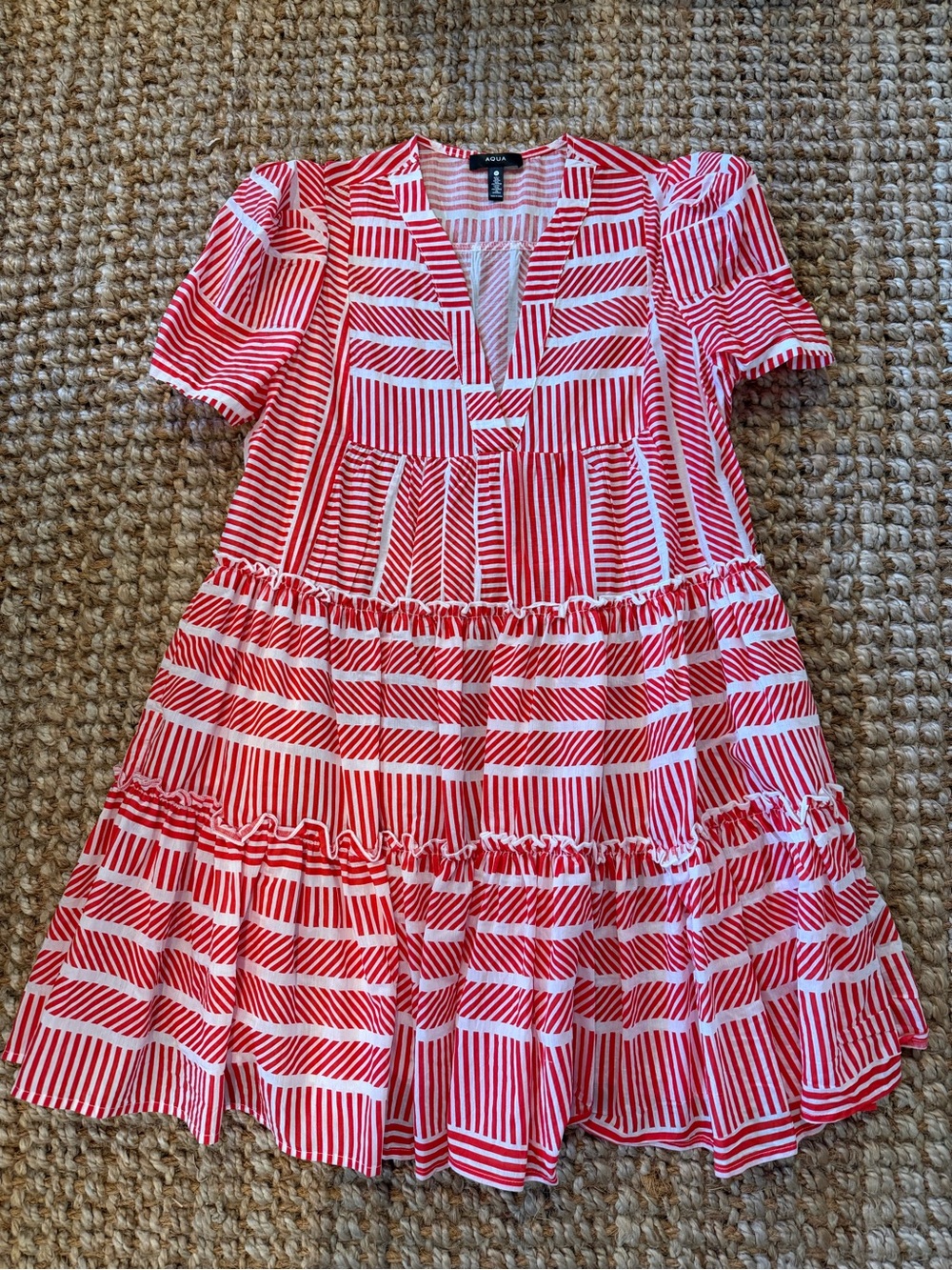 Aqua Women’s Red & White Striped Tiered Dress